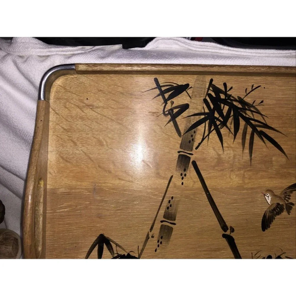 Vintage Japanese Bamboo Serving Tray Hand Painted Birds Mid Century Oriental - Picture 6 of 7